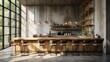 Modern cafe with bar and chairs with concrete walls and light from windows, Generative Ai
