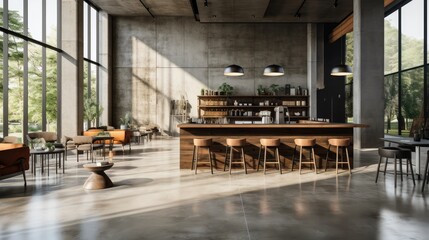 Modern cafe with bar and chairs with concrete walls and light from windows, Generative Ai
