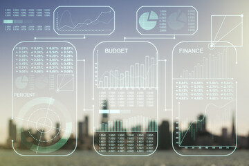 Poster - Abstract virtual stats data hologram on blurry skyline background. Multiexposure