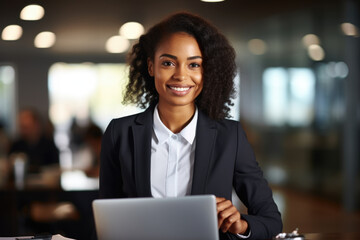 Poster - Woman is seen sitting at table with laptop. This image can be used to represent working from home, online education, or remote work.