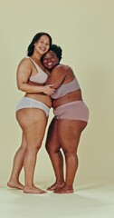 Poster - Body positive, underwear or happy women hug, diversity and embrace for acceptance, inclusion and solidarity respect. Woman empowerment portrait, lingerie or curvy friends hugging on studio background