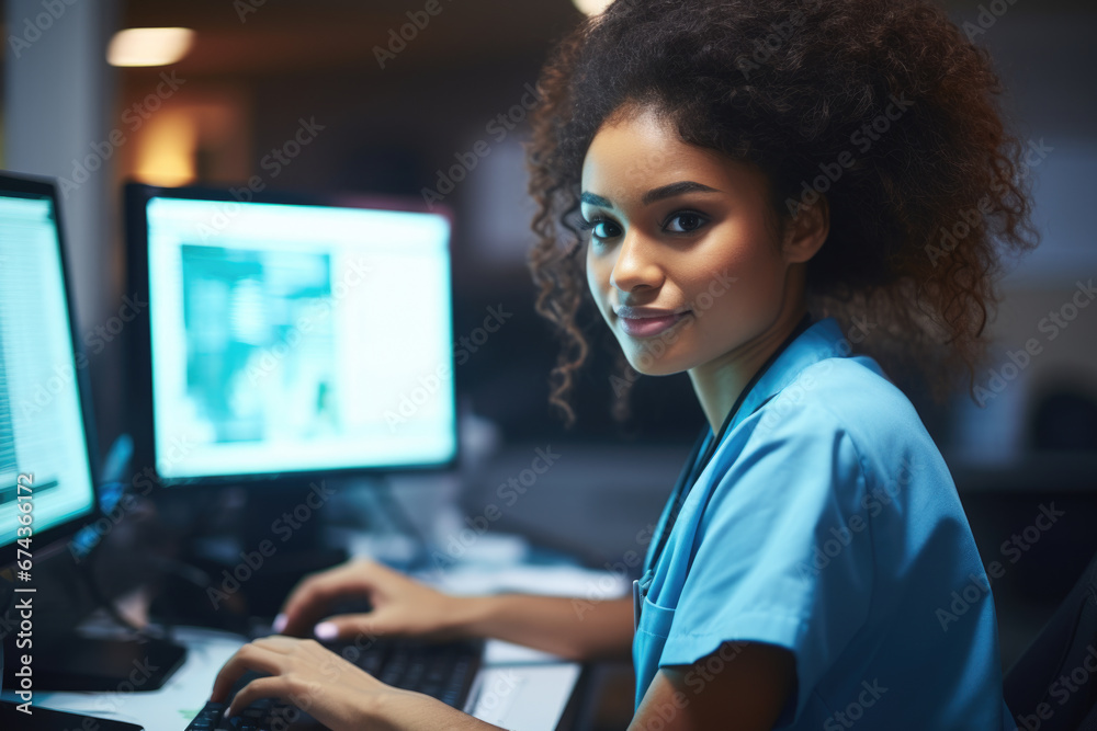 Woman is pictured sitting at desk, using computer. This image can be ...