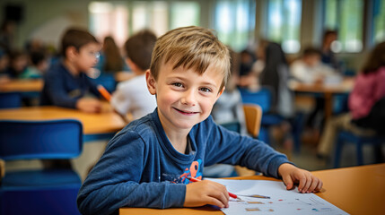 Poster - Little preschooler sits at a desk with a pencil in his hand and learns to write in class