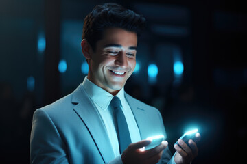 Poster - Man in suit holding smart phone. This image can be used to illustrate concepts such as technology, communication, business, or modern lifestyle.