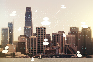 Poster - Double exposure of social network icons hologram on San Francisco office buildings background. Networking concept