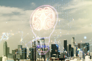 Poster - Abstract virtual light bulb illustration with human brain on Los Angeles cityscape background, future technology concept. Multiexposure