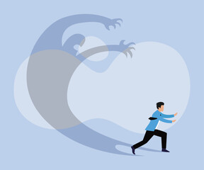 Businessman running away afraid of his own inner evil monster shadow 2D flat vector concept for banner, website, illustration, landing page, flyer, etc