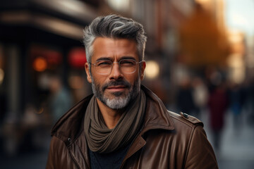 Wall Mural - Man wearing glasses and scarf is seen walking on city street. This image can be used to depict urban fashion or stylish winter look.