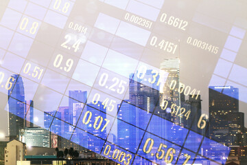 Poster - Multi exposure of creative statistics data hologram on Los Angeles skyscrapers background, stats and analytics concept
