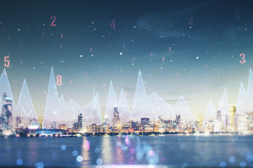 Poster - Multi exposure of stats data illustration on Chicago city skyline background, computing and analytics concept