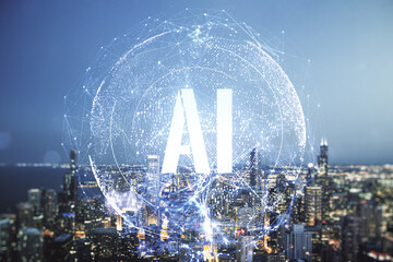 Poster - Creative artificial Intelligence symbol hologram on Chicago cityscape background. Double exposure