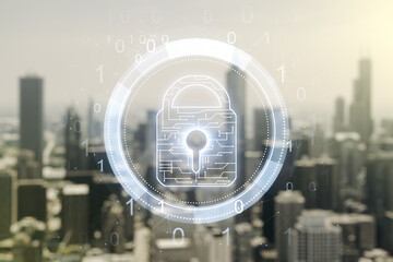 Poster - Virtual creative lock symbol and microcircuit illustration on blurry skyline background. Protection and firewall concept. Multiexposure