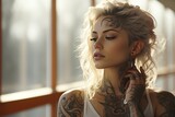Fototapeta  - Close-up portrait of beautiful young long-haired girl with tattoos wearing a fantasy costume. Character of Scandinavian cult and mystic pagan rituals, charming witch in a mysterious place. Halloween.