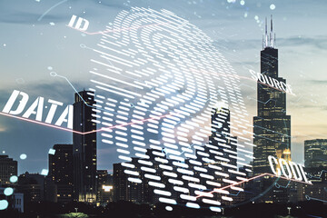 Aufkleber - Double exposure of virtual creative fingerprint hologram on Chicago office buildings background, protection of personal information concept