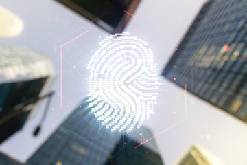 Aufkleber - Double exposure of virtual creative fingerprint hologram on blurry cityscape background, protection of personal information concept
