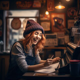 Fototapeta Tulipany - Joyful Barista Taking Order in Cozy Cafe 