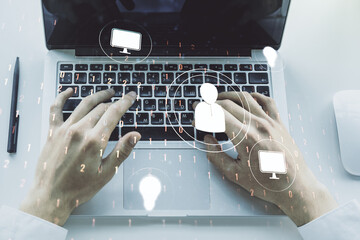 Poster - Social network media concept with hands typing on computer keyboard on background. Double exposure