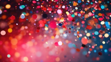 A festive and colorful party with flying neon confetti on a purple, red and blue background