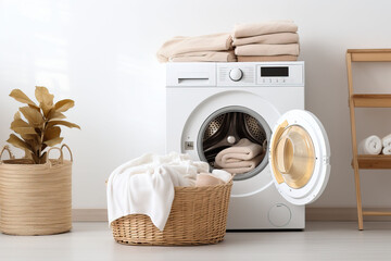 Laundry room interior with washing machine and basket with clean towels and accessories