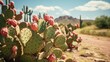 A cluster of Prickly Pear cacti under the bright desert sun, displaying their vibrant, plump fruits. High detailed, full ultra HD image with a stunning landscape