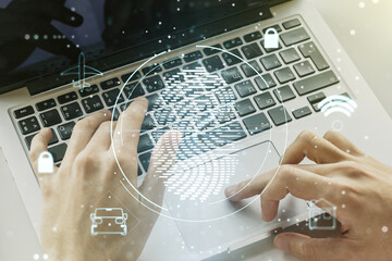 Aufkleber - Multi exposure of abstract fingerprint scan interface with hands typing on computer keyboard on background, digital access concept
