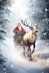 Wall Mural - Santa Claus with a deer and a sled   in snowy winter forest watercolor christmas greeting card,