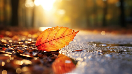 Poster - Close up of a autumn yellow leaf on the ground