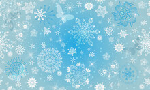 Christmas Vector Seamless Blue Gradient Handwork Pattern With Stars And Snowflakes And Butterflies