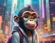 Smart happy monkey with glasses, ultra realistic, toddler, city background art design animal world play space