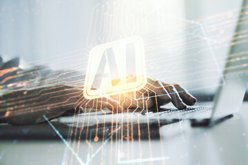 Poster - Double exposure of creative artificial Intelligence icon with hands typing on laptop on background. Neural networks and machine learning concept