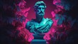 Antique greek bust on a neon background. Fashion wallpaper.