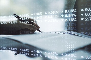 Fototapete - Multi exposure of stats data illustration with hand writing in notebook on background with laptop, computing and analytics concept