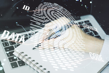 Aufkleber - Multi exposure of abstract fingerprint scan interface with hand writing in notepad on background with laptop, digital access concept