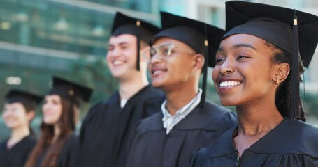 Poster - Face, university or happy graduates in ceremony or gowns standing in a line outside on campus. Diversity, degree or proud students with smile for motivation, college achievement or education success