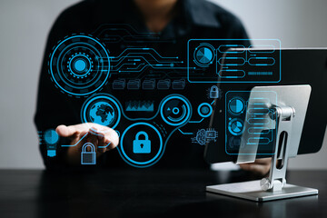 Wall Mural - cyber security data protection business working on compute intelligenc digital tablet global network