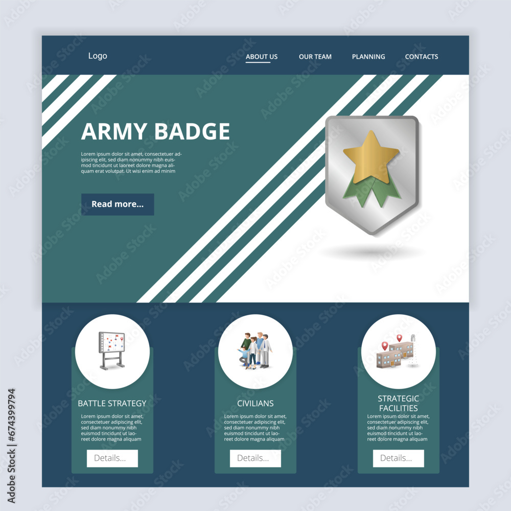 Army badge flat landing page website template. Battle strategy, civilians, strategic facilities. Web banner with header, content and footer. Vector illustration.