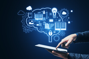 Aufkleber - Close up of businessman hand pointing at cellphone with glowing brain outline and books hologram on blue background. Artificial intelligence, chat GPT, bot assistant and machine learning concept.