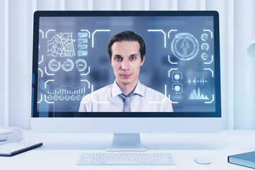 Poster - Close up of computer monitor with portrait of attractive pensive businessman with glowing face recognition hologram on blurry white background. Scanning and personal safety concept.
