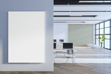 Aufkleber - Modern coworking office interior with empty white mock up banner, window and city view. Interior designs concept. 3D Rendering.