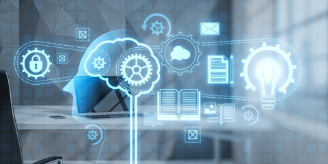 Aufkleber - Modern office workplace with joint search for ideas hologram, abstract person's head, filled with ideas of thought and analytics, replacing the old with the new. Blurry background. Double exposure.
