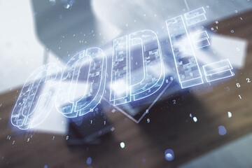 Aufkleber - Creative Code word sign and modern desktop with pc on background, international software development concept. Multiexposure