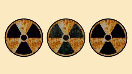 3D rendering of rusty danger radiation sign Icon set, nuclear power station and radioactive warning symbol on color background, Dangerous sign collection