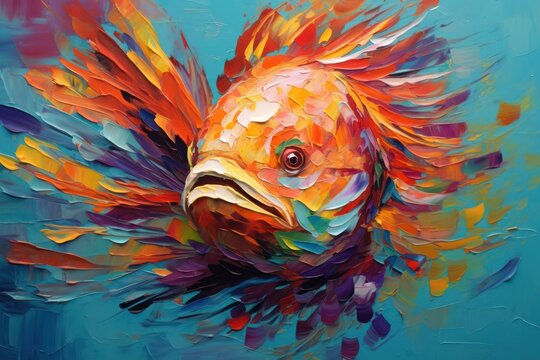 Abstract colorful oil acrylic painting fish , pallet knife on canvas.