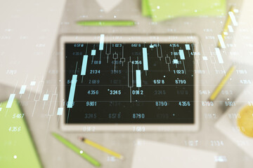 Poster - Abstract creative stats data concept and modern digital tablet on background, top view. Multiexposure