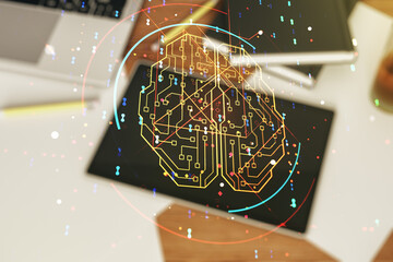 Poster - Double exposure of creative human brain microcircuit and modern digital tablet on background. Future technology and AI concept