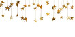 Hanging gold stars on string on transparent background.