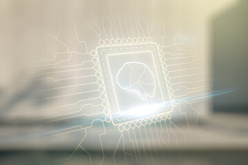 Poster - Virtual creative artificial Intelligence hologram with human brain sketch on blurry contemporary office building background. Double exposure