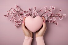 Hands Holding A Pink Heart With Cherry Blossoms On A Pastel Background