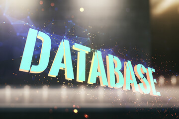 Aufkleber - Double exposure of Database word sign on blurry modern office building background, global research and analytics concept