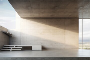 Poster - minimalistic concrete interior with stairs and daylight. 3d rendering, modern architecture with empt